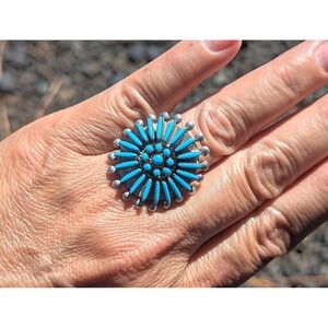 Zuni Ring Turquoise Cluster Genuine Native American Handmade Jewelry Adj 7-10 **